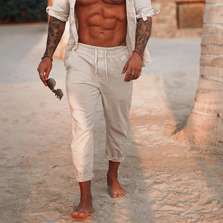 Mens Holiday Solid Casual Pants Thin Cotton Breathable Beach Pants Trousers New