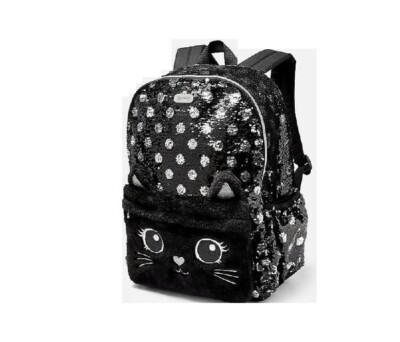 Justice Backpack Girls Cat Kitty Flip Sequin School Bookbag Black