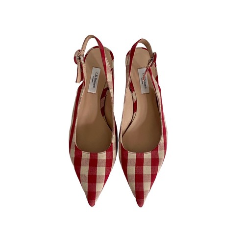 Lk Bennett -Ada Slingback Shoes- Gingham Red White Check Block Mid Heel UK4 /37 - Picture 2 of 5