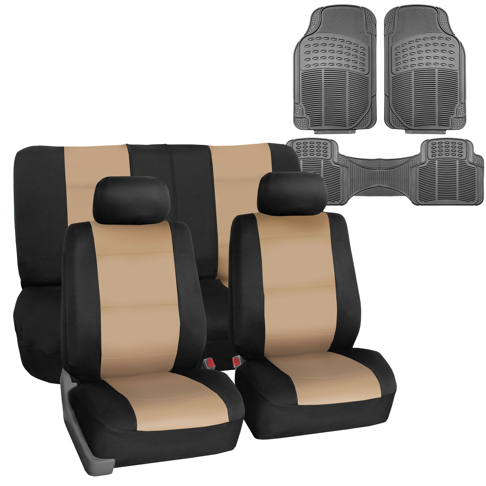 FH Group Universal Fit Neoprene Beige Car Seat Cover 5 Seater w/ Floor Mats