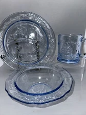 VINTAGE TIARA GLASS BLUE NURSERY RHYME CHILD'S DISH SET - 3 PIECES NICE!