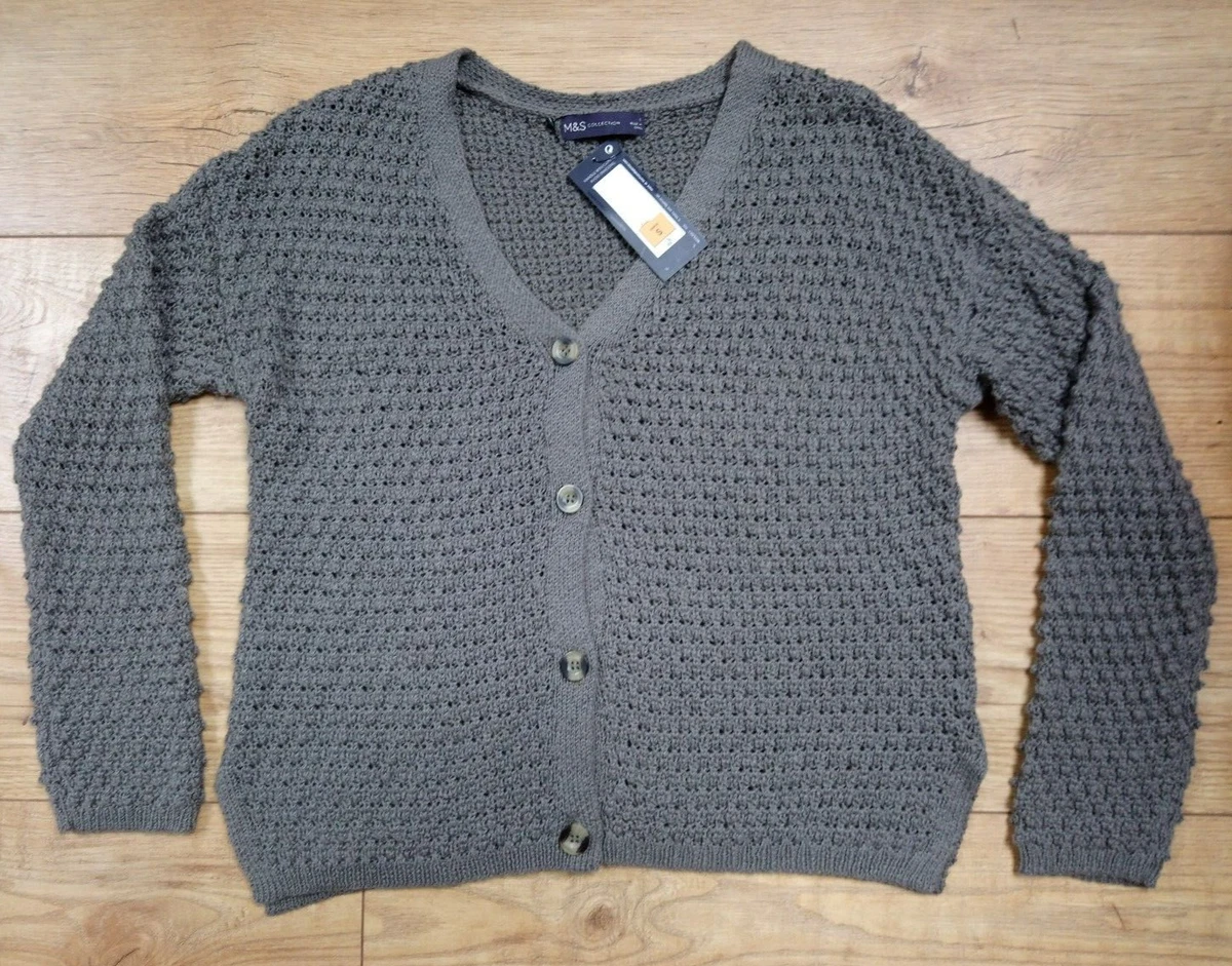 NEW M S Dark Khaki Grey Cotton Textured Open Waffle Knit Cardigan