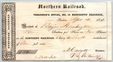 1846 Boston, MA Treasurer Receipt Northern Railroad Stock -"Benjamin Huntington"
