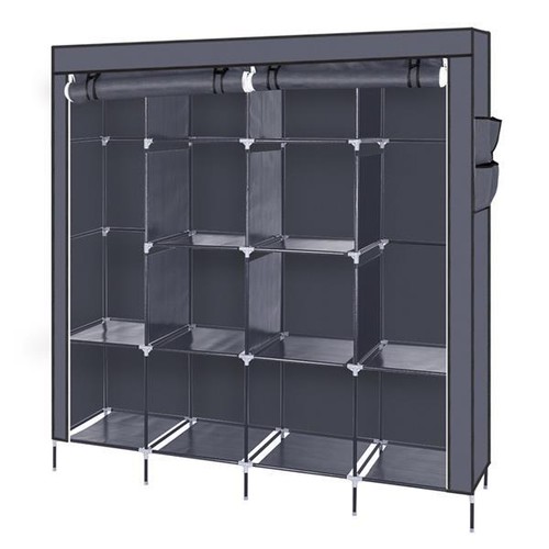 Stoffschrank Kleiderschrank mit Kleiderstange 12 Fächern 4 Seitentaschen Grau - Bild 15 von 22