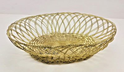 Vintage Gold Tone Ornate Woven Wire Basket Dish Fruit Bowl Decorative Centerpiec