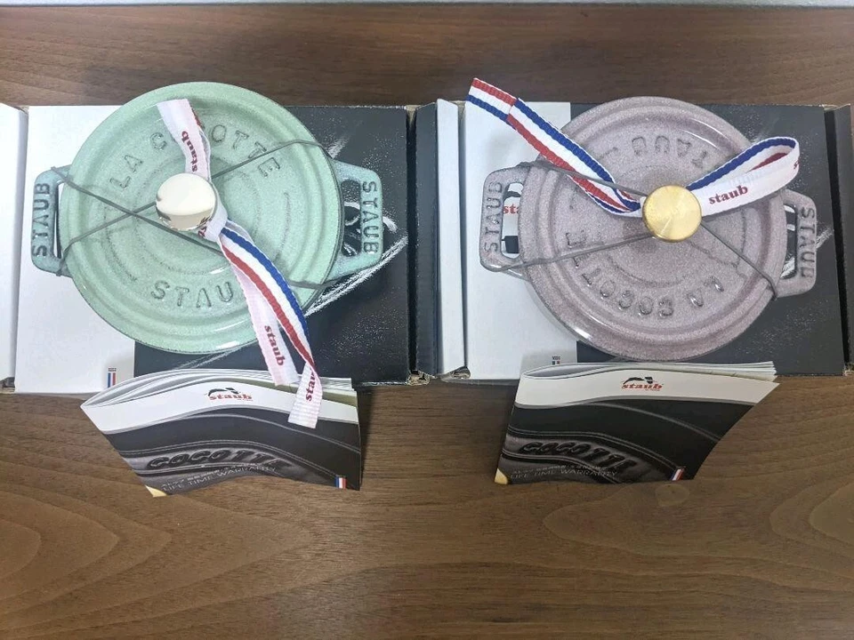 Staub Mini Pico Round Cocotte Chiffon Rose & Sage Green 4in Cast Iron Enamel NM - Image 2 of 4