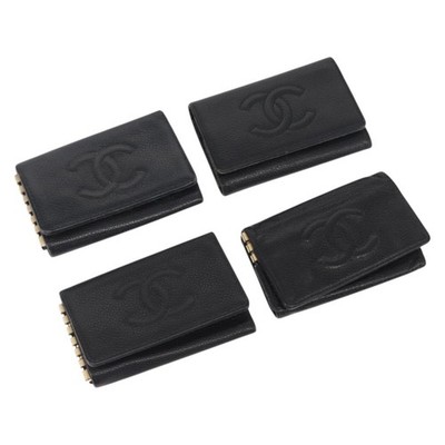 CHANEL Key Case Grained Calf Skin 4 Set Black CC Auth bs32341