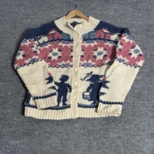 Woolrich Woman Sweater Womens Large Cream Cardigan 100 Wool Folk Art Intarsia