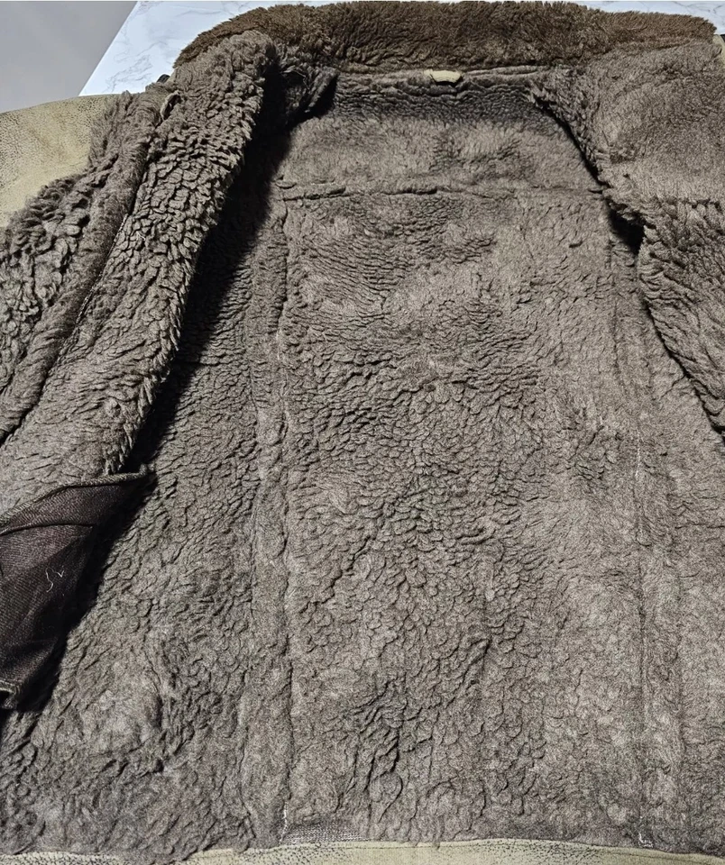 Men's Sheepskin Leather M-L Brown Green Bomber Winter Aviator Flying Coat Jacket - Image 4 of 4