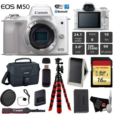 Canon EOS M50 Mirrorless Digital Camera (White, Body Only) + 16GB Memory Card