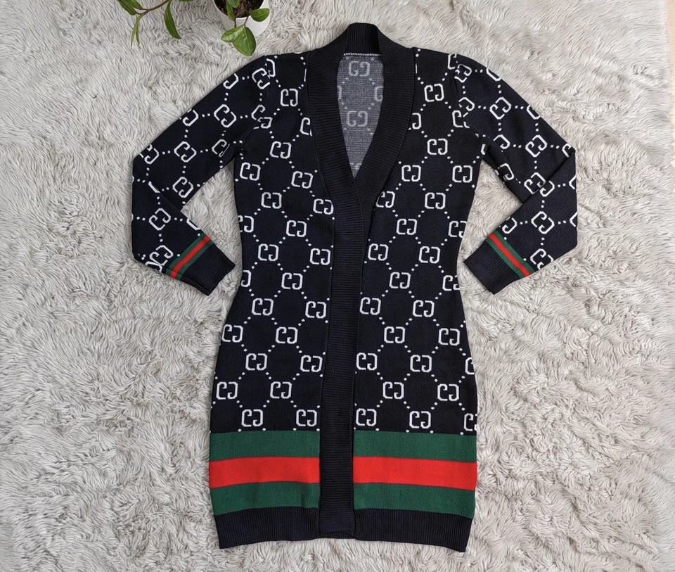Cárdigan largo para mujer inspirado en Gucci | Premium negro con ribete rojo y verde Foto 2 de 2