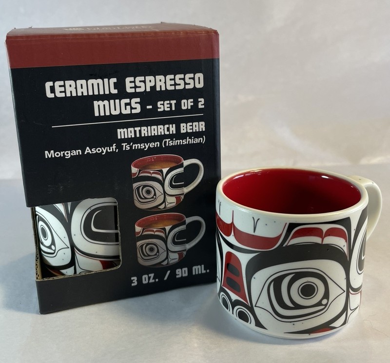 Morgan Asoyuf Ceramic Espresso Mugs.  Matriarch Bear- set of 2, 3oz NEW-open box