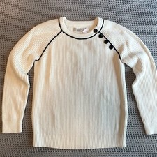 Loft Ivory Ribbed Button Detail Long Sleeve Sweater Womens Medium NWT