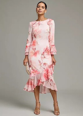 Made For KALEIDOSCOPE Coral Floral Print Midi Dress   UK 12    (FS123-6)