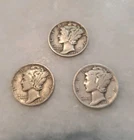 1943 P.D.S. Mercury Silver Dimes, Circulated, 3-Piece Lot