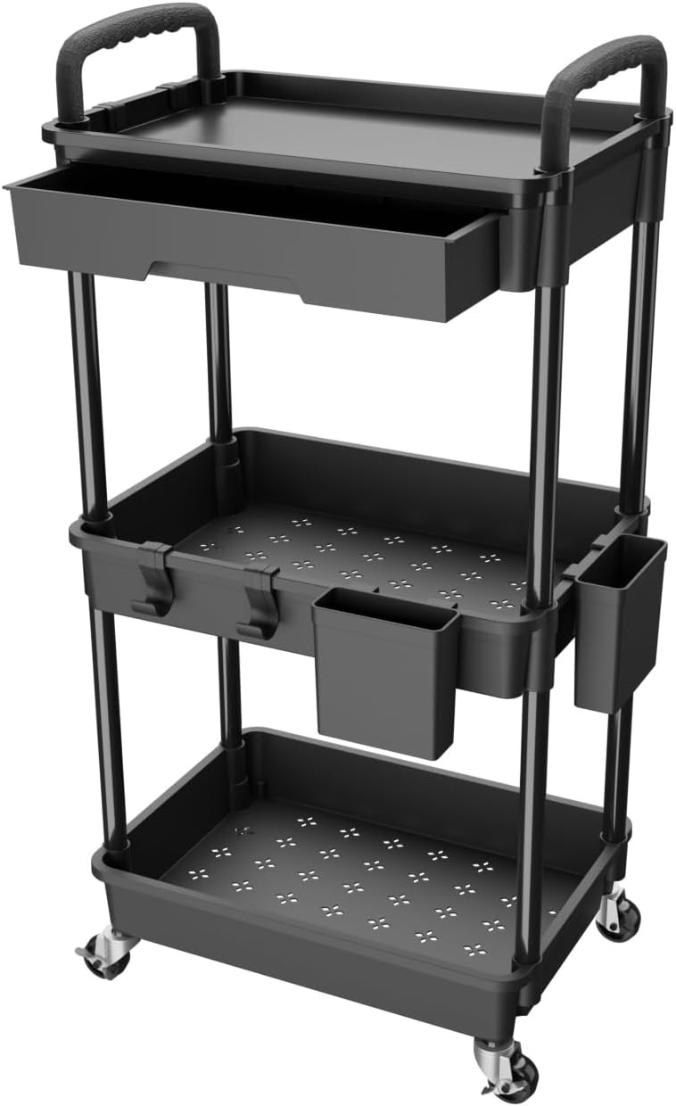 3 Tier Rolling Utility Cart with Drawer,REBECAT Utility Cart Made of