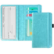 Checkbook Cover, Leather RFID Checkbook Cover with Elastic Closure A-Sky Blue