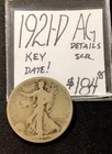 1921 D Walking Liberty Silver Half Dollar AG! Key Date! Details: SCR. ENN Coins