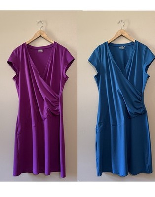 Lot of 2 ATHLETA Nectar Faux Wrap Dresses Cap Sleeve Teal & Fuchsia Women's Plus