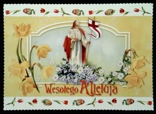 Vintage Polish Easter Photochrome Postcard with Jesus and Flowers