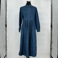Vtg LAURA ASHLEY Dress 8 Blue Denim Long Sleeve Button-Up Maxi Prairie Pintucks
