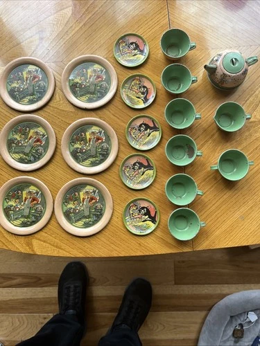 Vtg Ohio Art Pinocchio Tin Litho Toy Dish Set 21 Items Walt Disney 1940s Toy