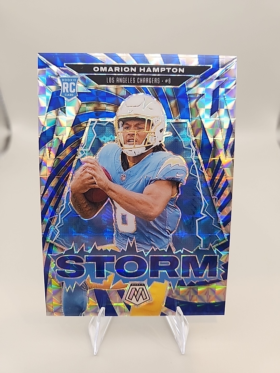 2025 Panini Mosaic Omarion Hampton RC Storm Blue 63/99 Rookie LA Chargers