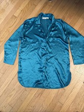 Victoria's Secret Teal Satin Sleep Shirt Vintage Gold Label Pearl Buttons Size S