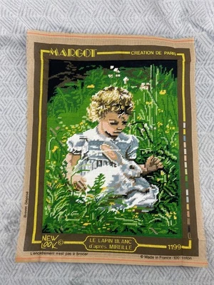Tapisserie Canevas Margot Le Lapin Blanc Enfant Fleurs 40 x 30 cm Vintage - Photo 1/4