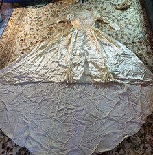 Antique All Silk/Satin Handmade Beaded Lace Wedding Dress Fitted Bodice Flowers