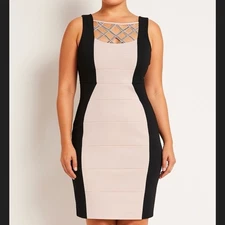 JAX Black and Pink/Nude Panel Bodycon Crisscross Neckline Dress Size 10