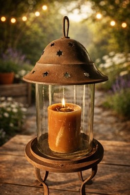 Rustic Primitive Iron Candle Lantern w Star Tin Shade Glass Hurricane