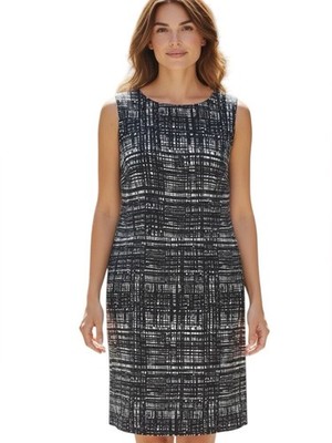 Escada Navy White Geo Sleeveless Boatneck Business Careerwear Midi Dress 16