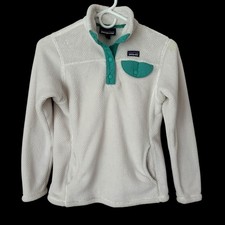 Patagonia Girls Fleece Jacket Pullover Sz L 12 Cream Off-white Sherpa Aqua