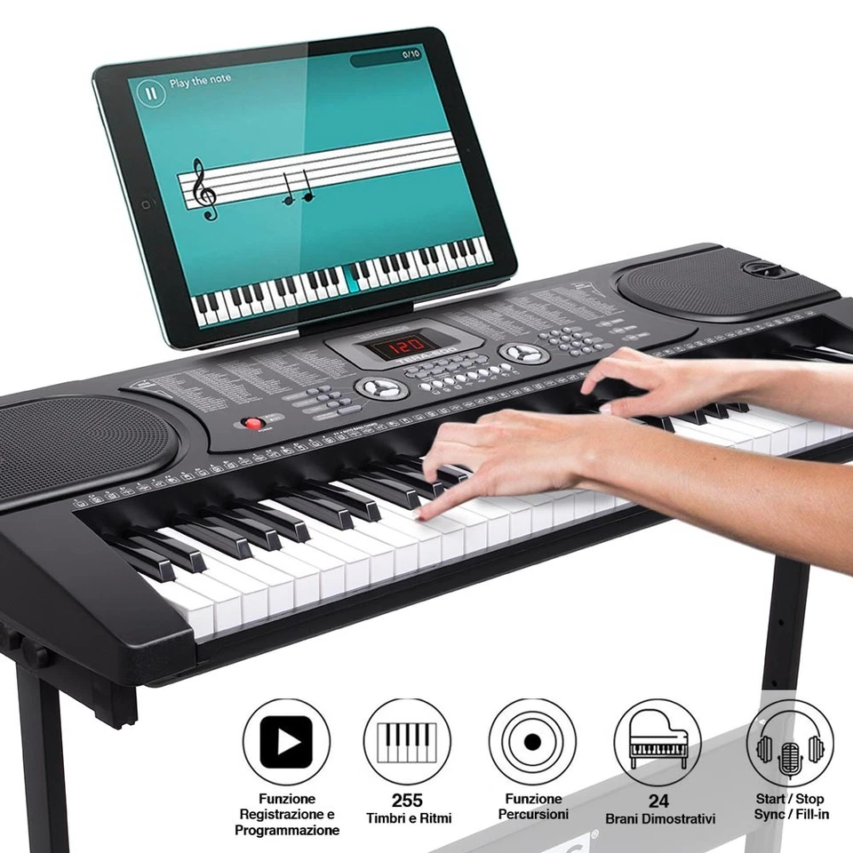 Tastiera Musicale Pianola Elettronica 61 Tasti con Supporto Sgabello e Microfono - Immagine 2 di 4
