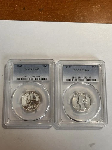 1950 25c PCGS MS63 & 1962 25c PCGS PR65 Both 90% Silver