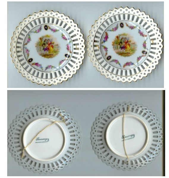 TWO VINTAGE SCHUMANN GERMAN COURTSHIP PLATES 5.5" IN DIAMETER GOLD TRIM
