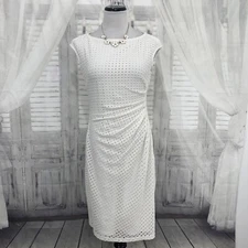 Chaps Size 12 White Cap Sleeve Pleated Dress Knee Length Formal Boat Neck B53