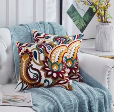 Sofa or outdoor Pillow Covers, Set of 2. Beautifully Emboidered Bright Colors.