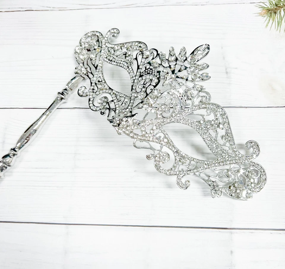Clear Crystal Masquerade Mask with Stick, Silver Masquerade Mask, Wedding Party - Image 2 of 4