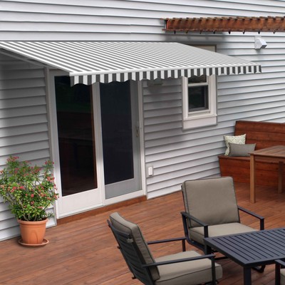 ALEKO Outdoor Grey / White Striped 12X10 ft Retractable Patio Canopy Awning