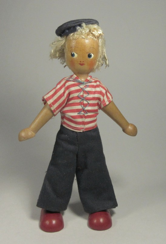 Vintage Wooden Doll Polish Souvenir Dressed Like Sailor Articulated Arms Legs