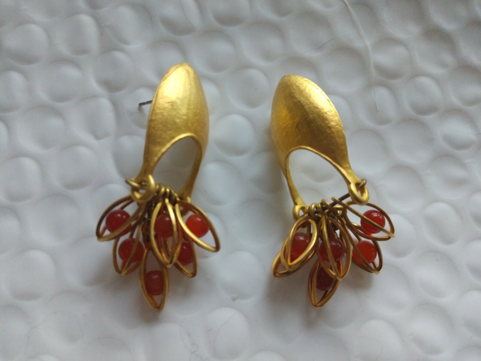 Signed Celia Landman Earrings  Satin Gold-tone with red beads
