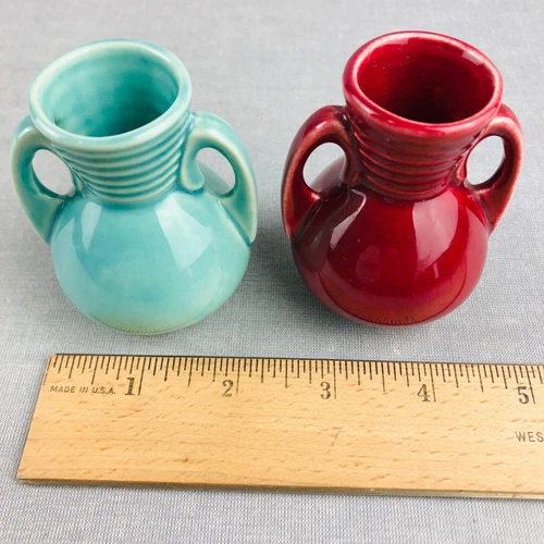 Vintage Shawnee USA Bud Vase pair mini double handle Turquoise Red Pottery 2.75"