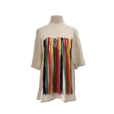 PALM ANGELS X MISSONI Off White Rainbow Knitted Fringe Oversized T-shirt Sz M/L