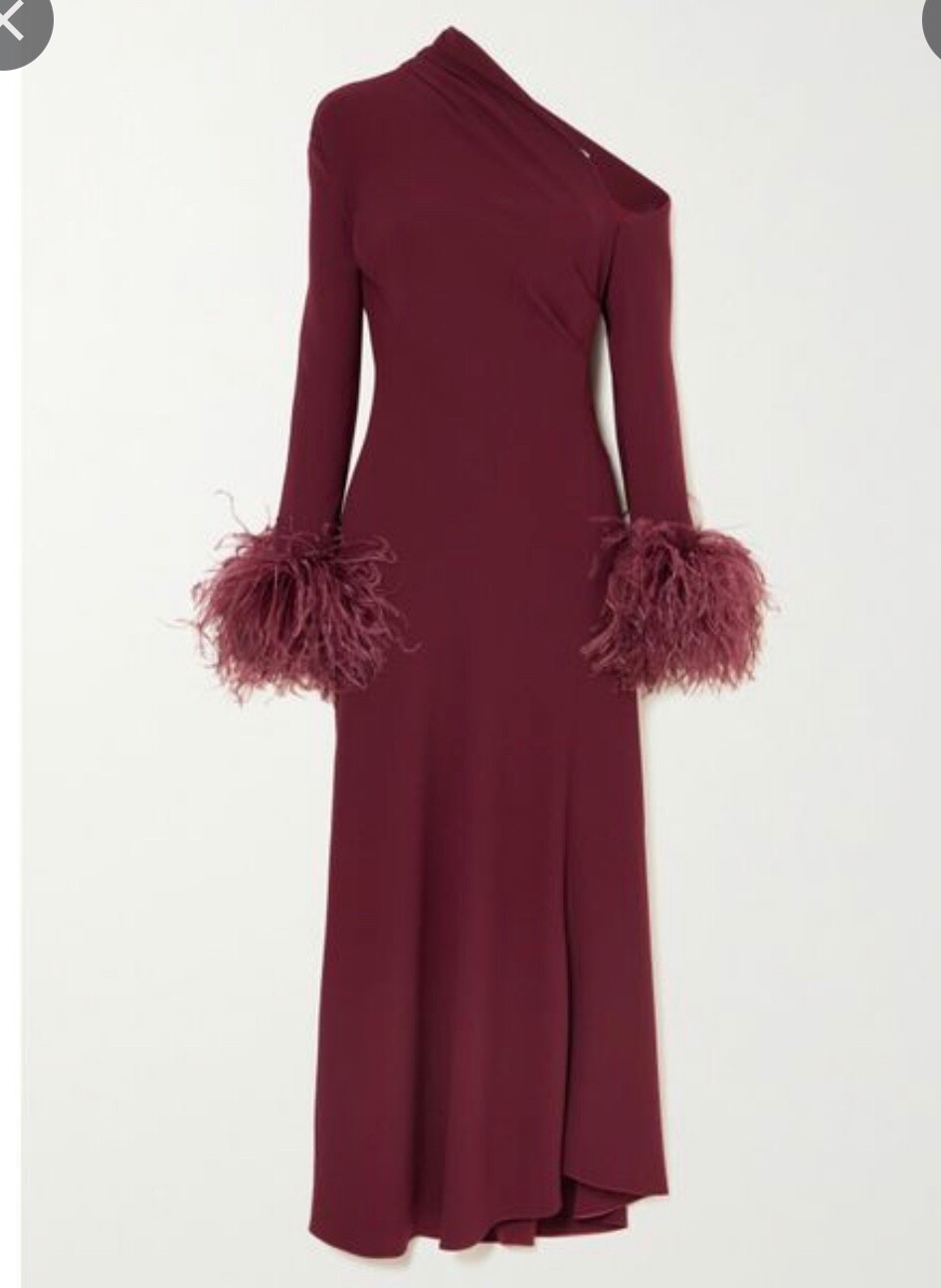NET-A-PORTER ARLINGTON DRESS. Adelaide Asymmetric Feather-Trimmed Crepe Burgundy