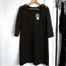 Tahari Shift Dress 10 Black Stretch 3/4 Bow-Sleeve Shoulder Lined V-Neck NWT