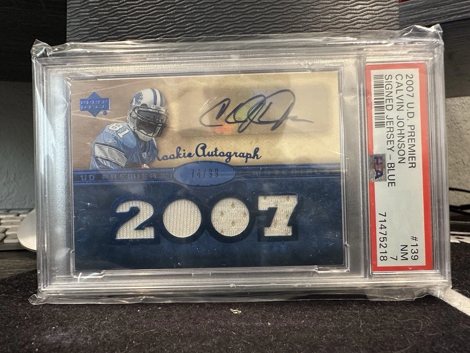 Calvin Johnson Upper Deck Premier #139 Signed Jersey-Blue