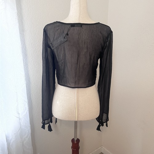 NWT Boohoo Womens Sheer Top Women Medium Beach Coverup Tasseled Boho Y2k Cropped - Picture 2 of 8