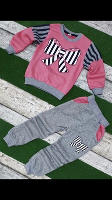 Kinder Baby Mädchen Trainingsanzug Rosa und Grau Schleife Tops + Hose Set Outfits Kleidung